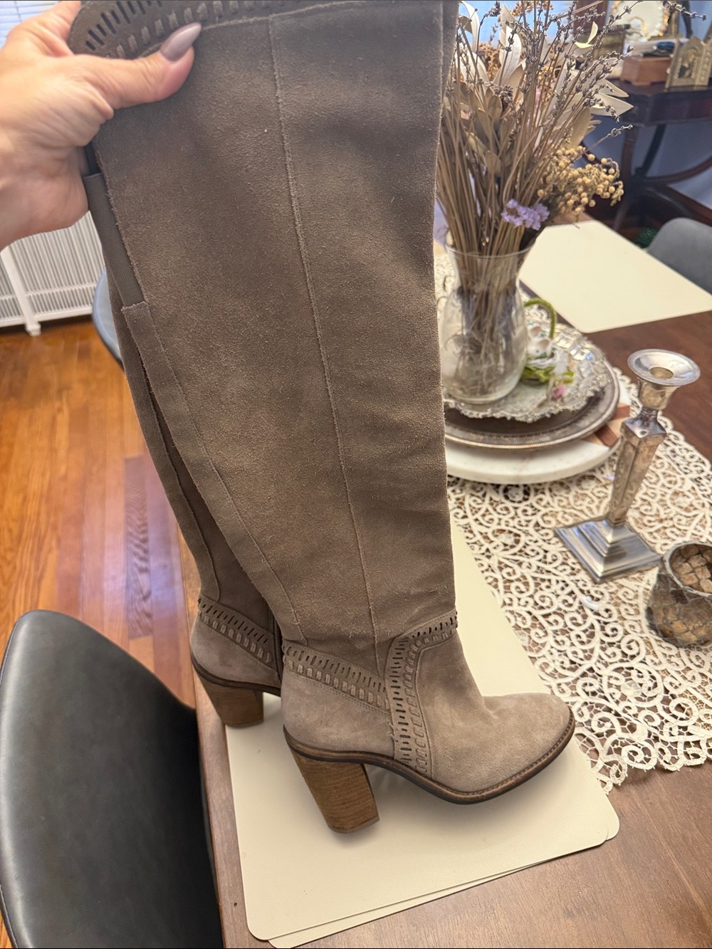 Vince Camuto Taupe Suede Over-the-Knee Block Heel Boots